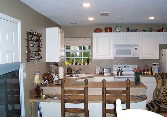 Refrigerator, Microwave, Range and oven,Dishes, pots and pans and silverware.